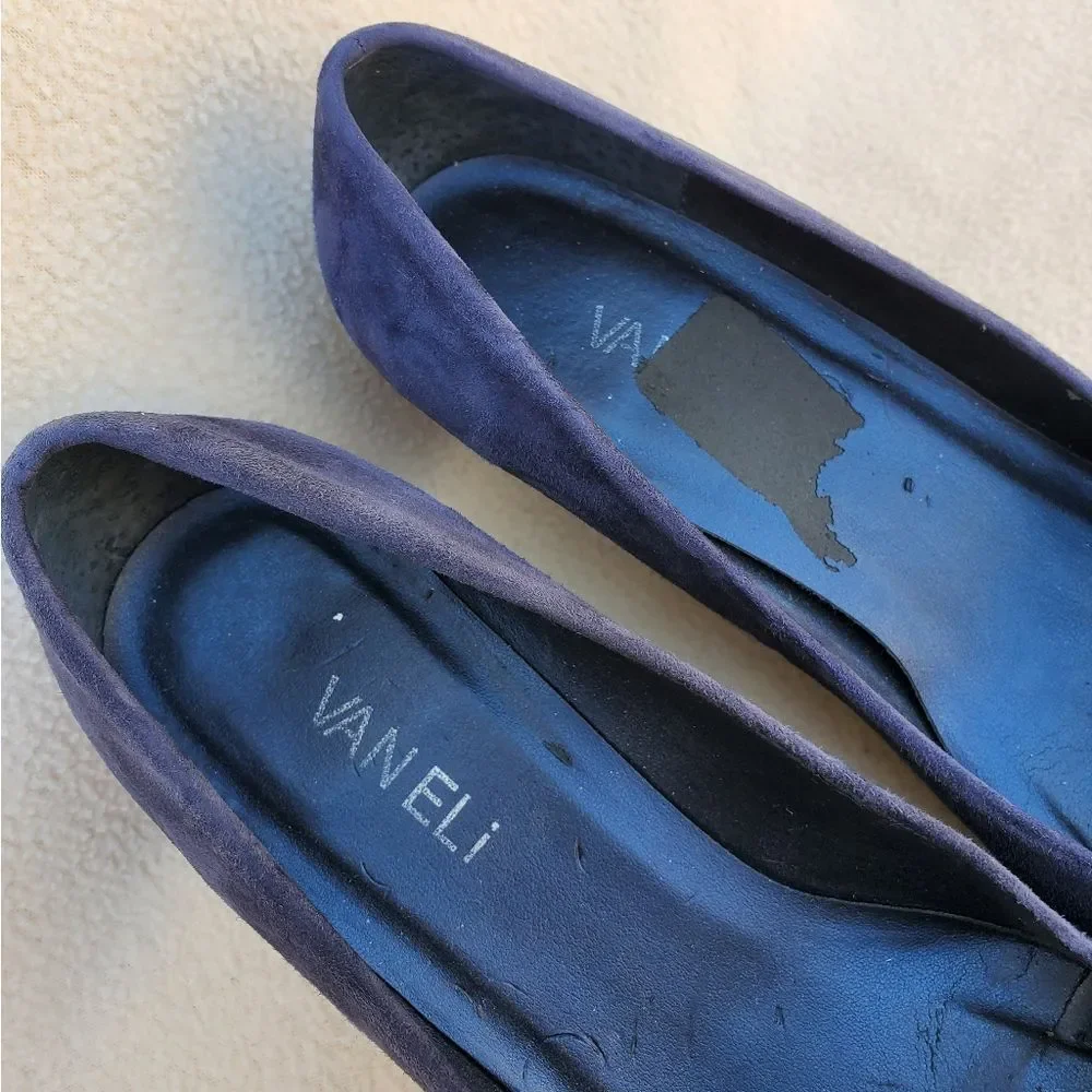 Vaneli blue suede wedges with attached ribbon buckle